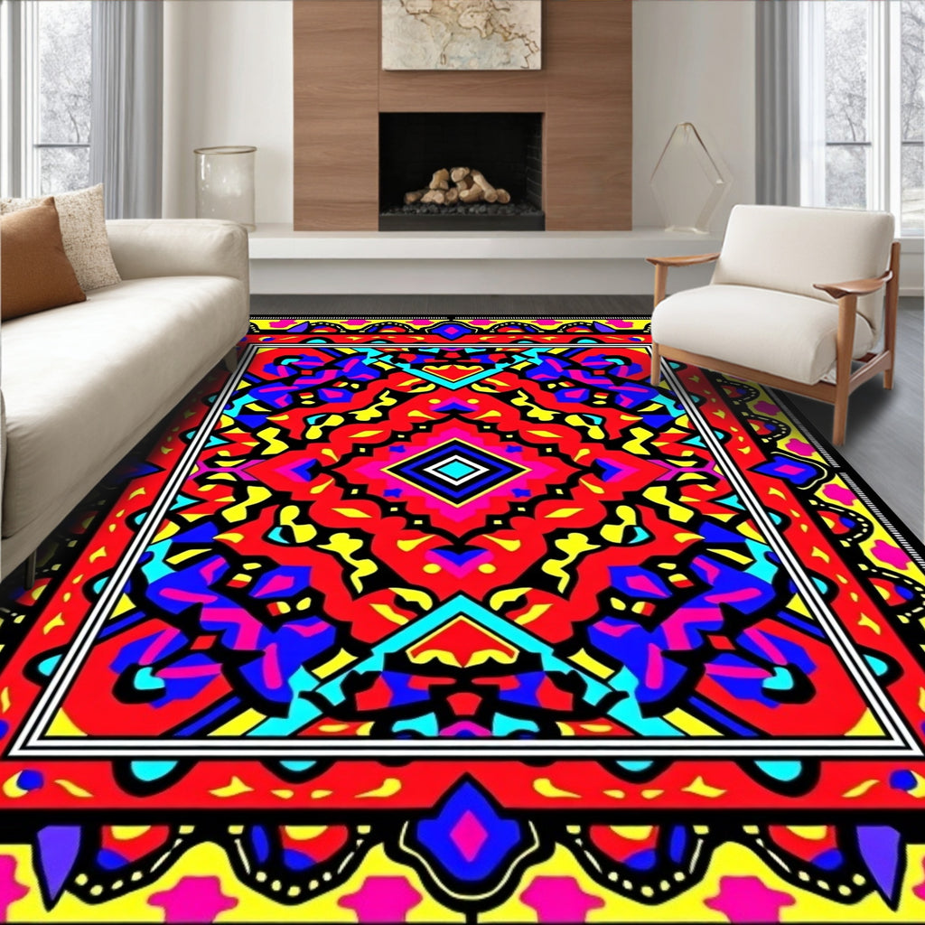Vibrant Red Blue Yellow Geometric Pattern Rug