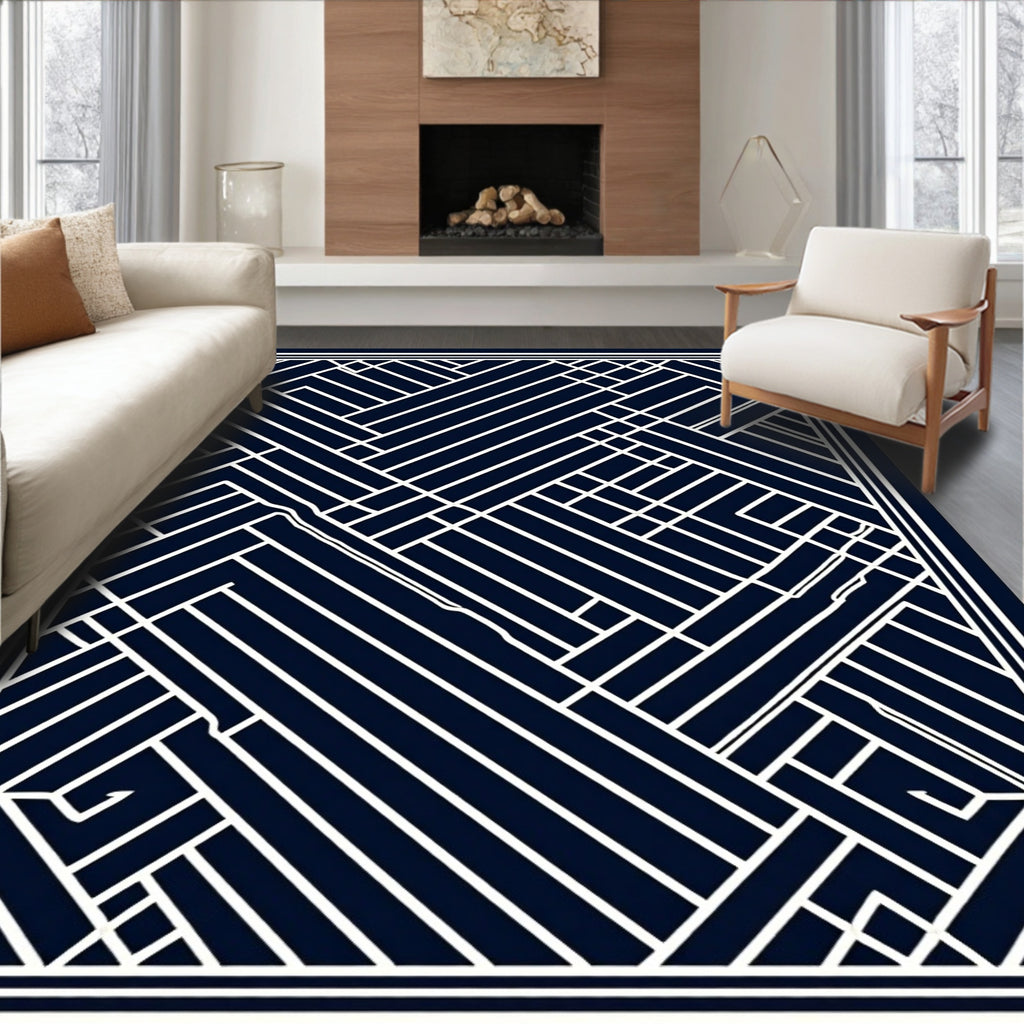 Structured Geometric White Lines Rug