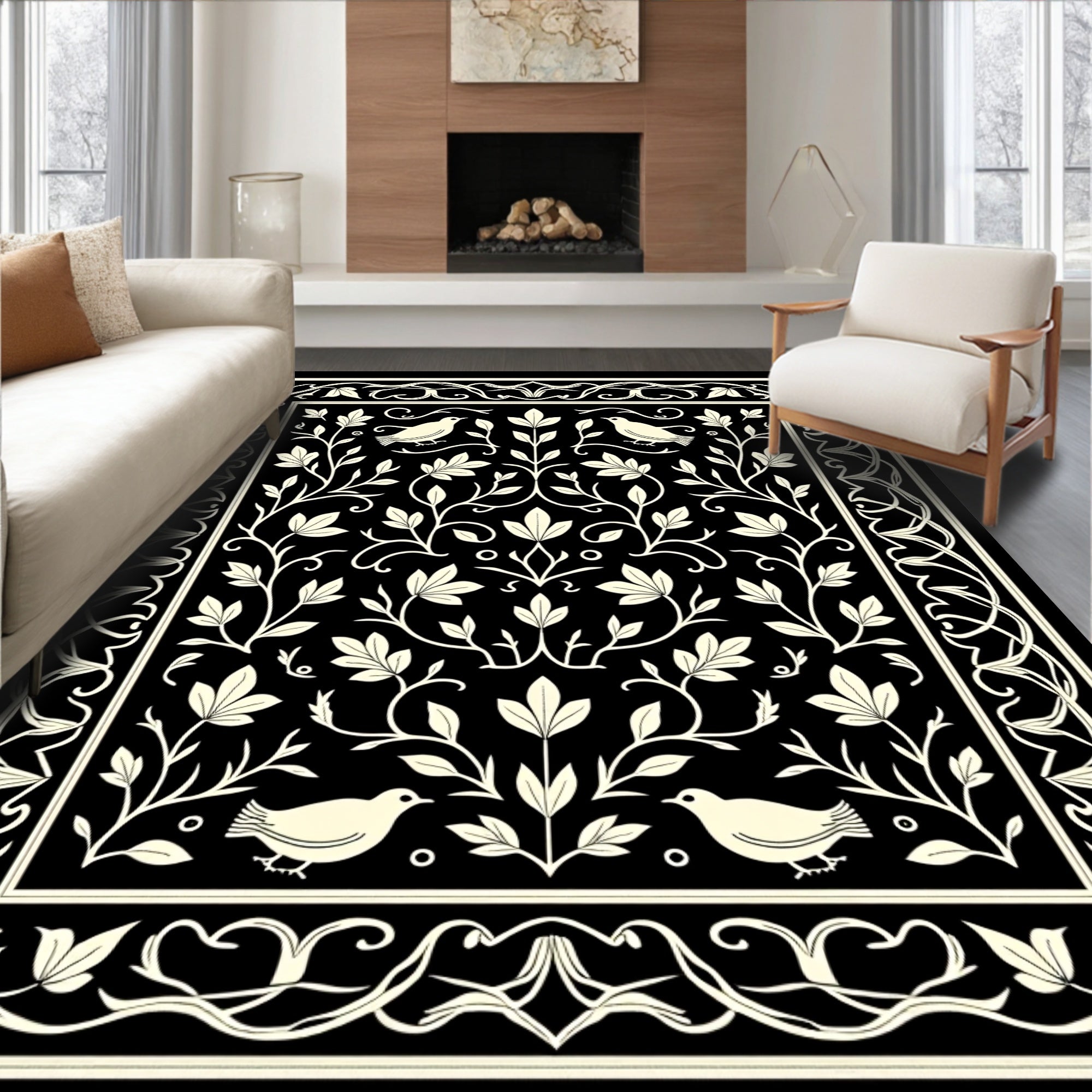 Vintage Birds Floral Vine Scroll Rug