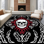 White Skull Radiant Sun Black Border Rug