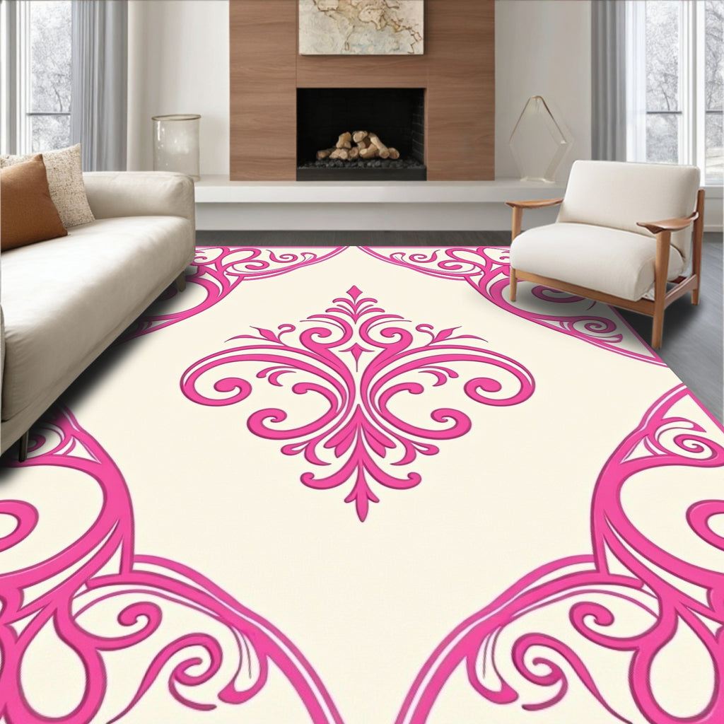Bright Pink Corner Scroll Medallion Rug