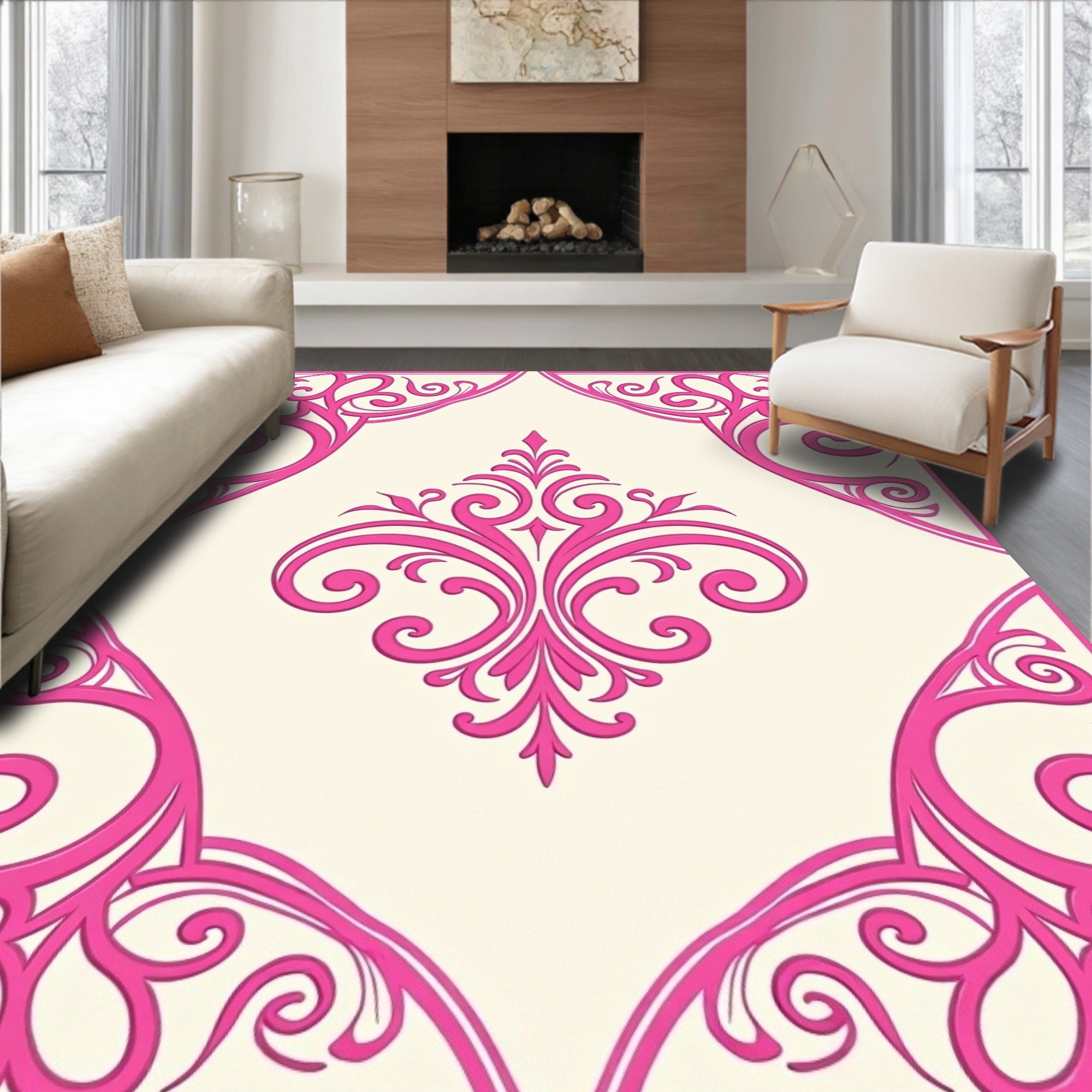 Bright Pink Corner Scroll Medallion Rug