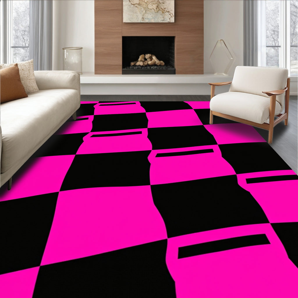 Pink Black Warped Checkerboard Pattern Rug