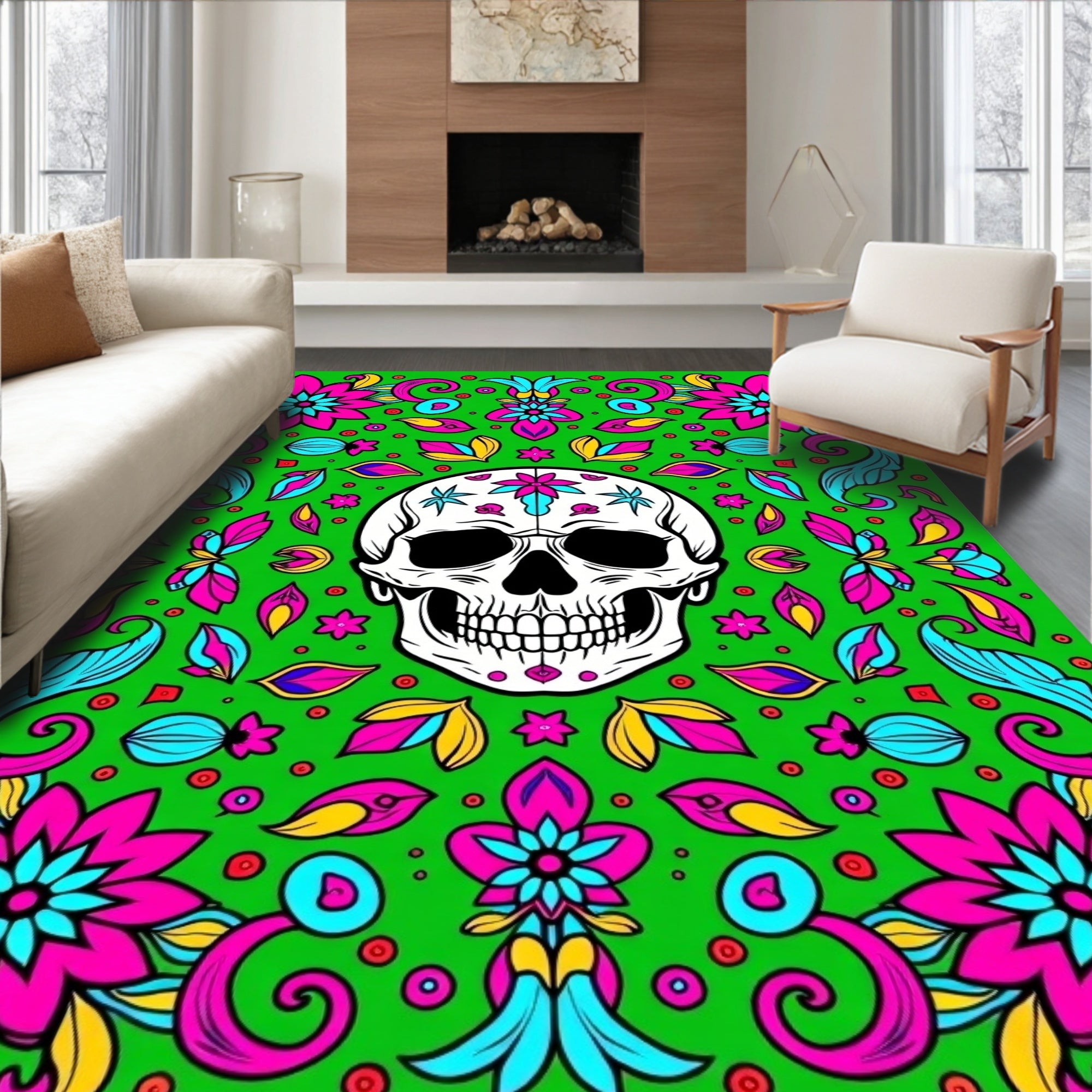 Vibrant Skull Floral Medallion Green Rug