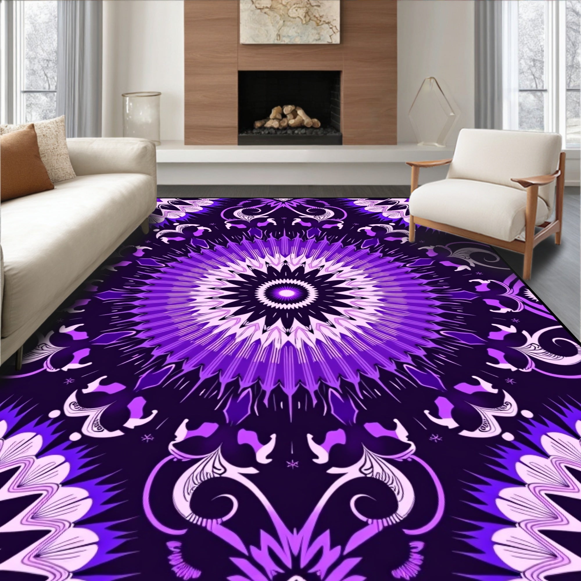 Vibrant Purple Mandala Floral Pattern Rug