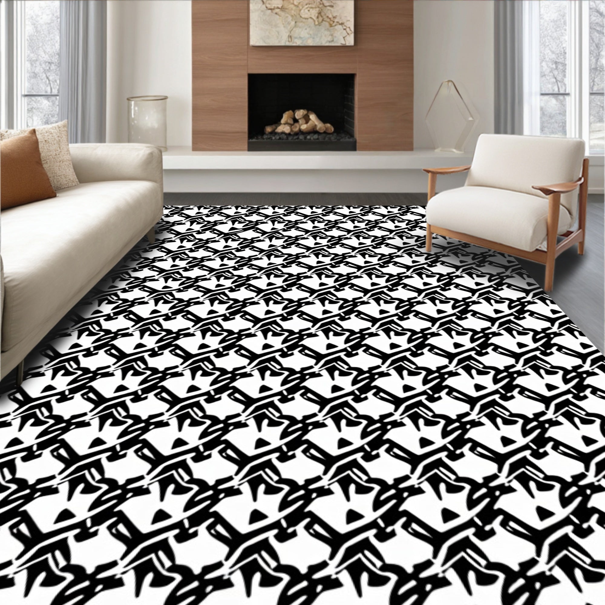 Abstract Black White Geometric Pattern Rug