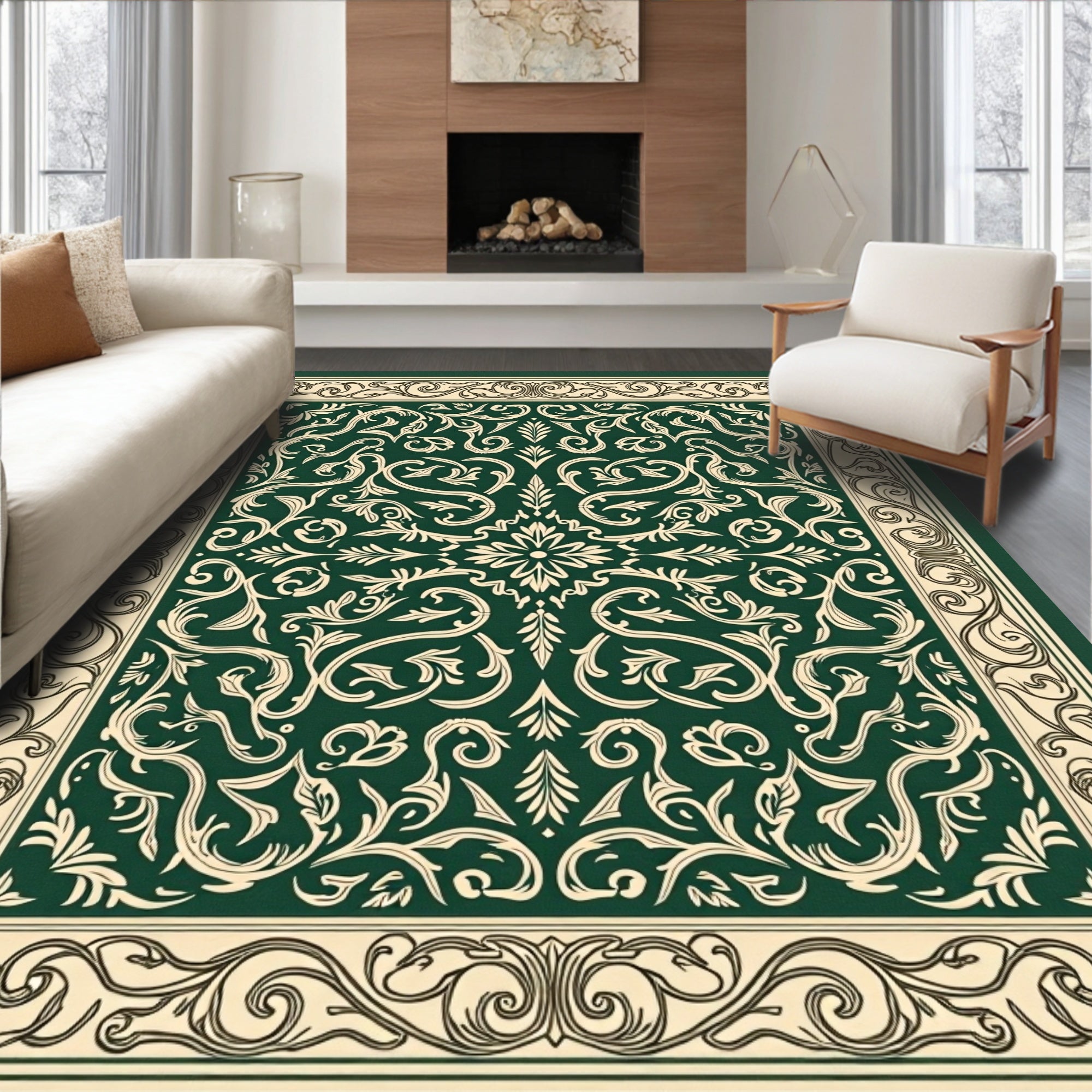 Elegant Green Cream Floral Scroll Rug