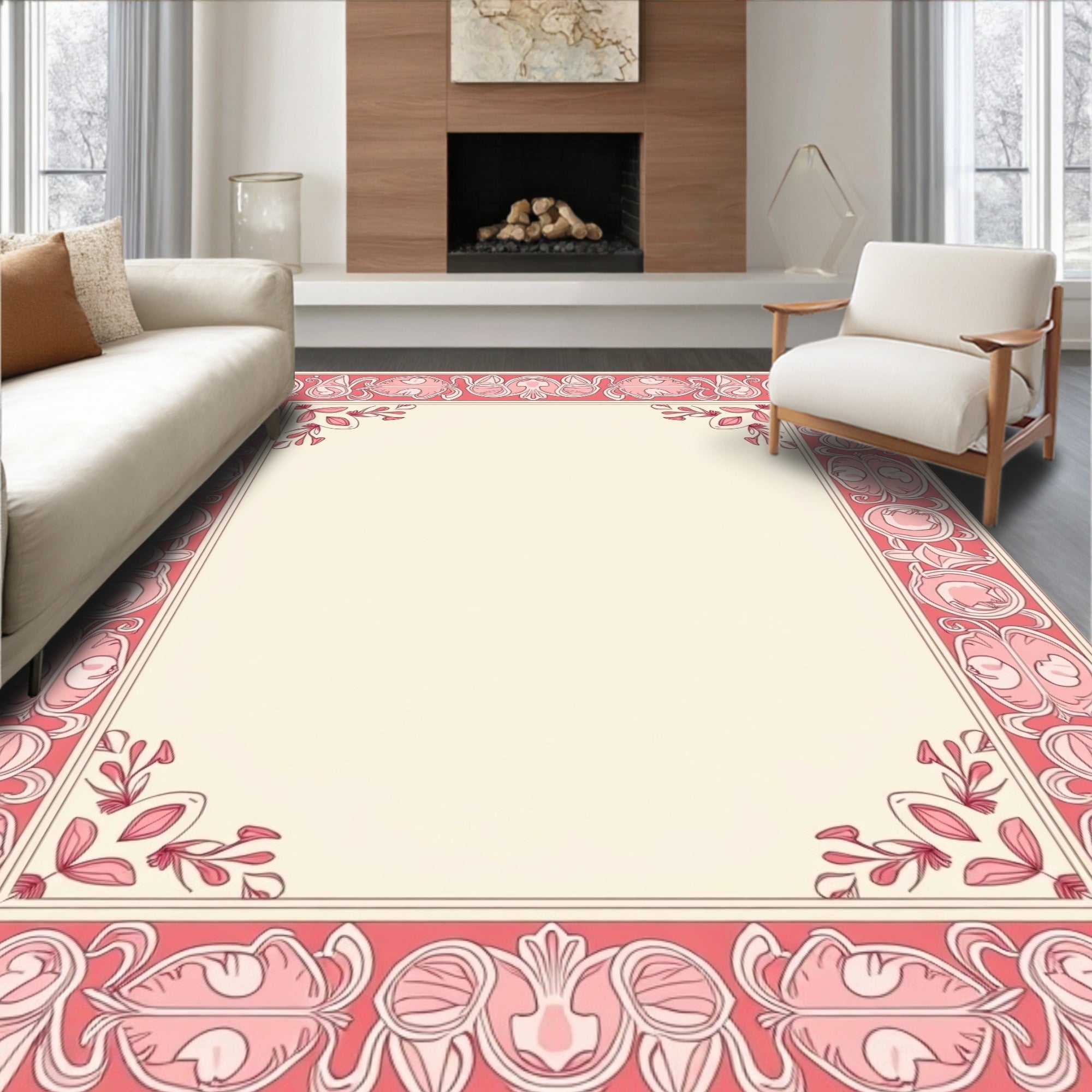 Art Nouveau Pink Floral Border Rug