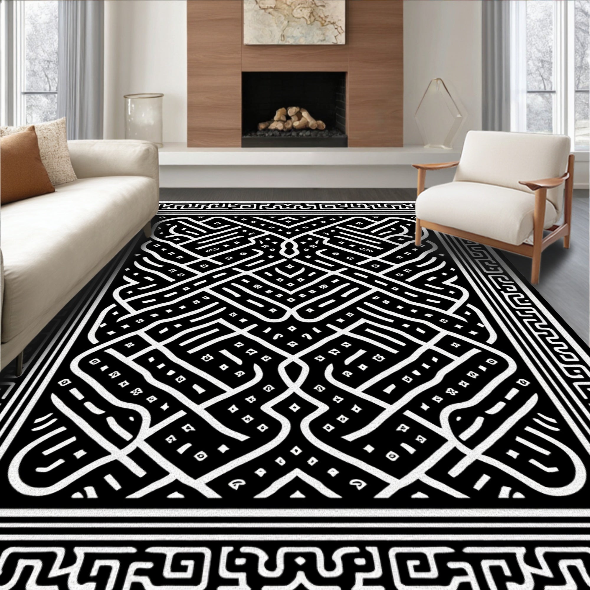 Intricate Black White Geometric Pattern Rug
