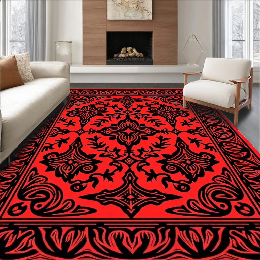 Bold Red Black Ornate Geometric Pattern Rug