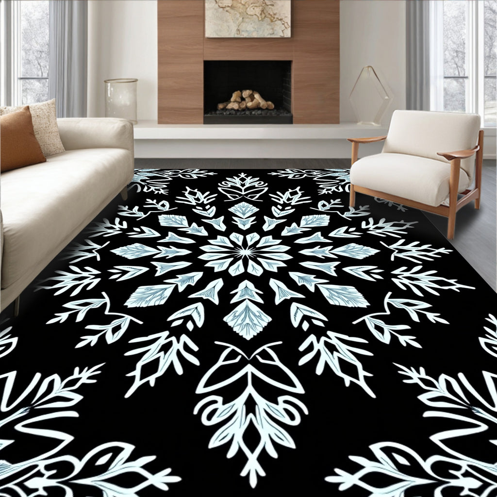 Light Blue Snowflake Mandala Black Rug