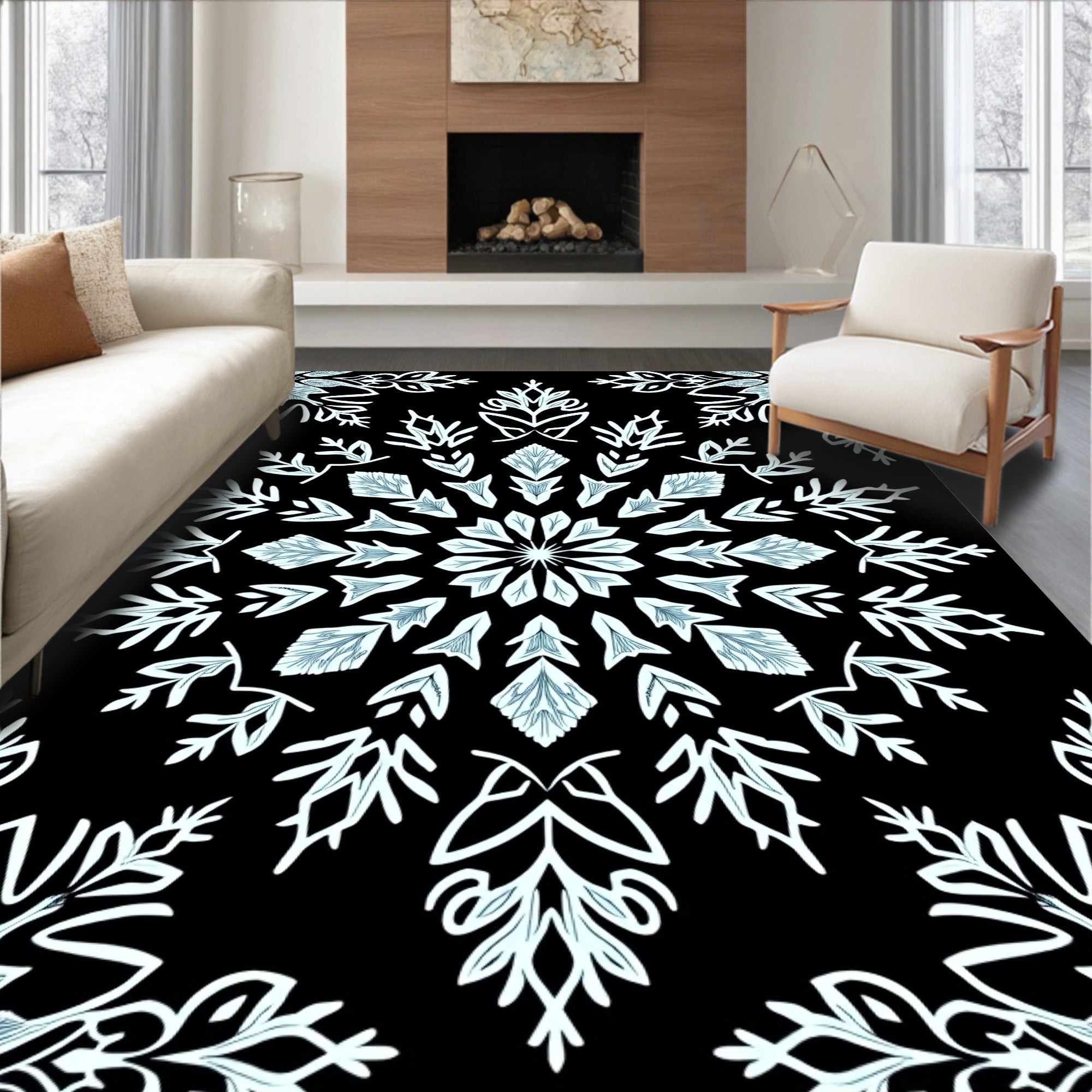 Light Blue Snowflake Mandala Black Rug