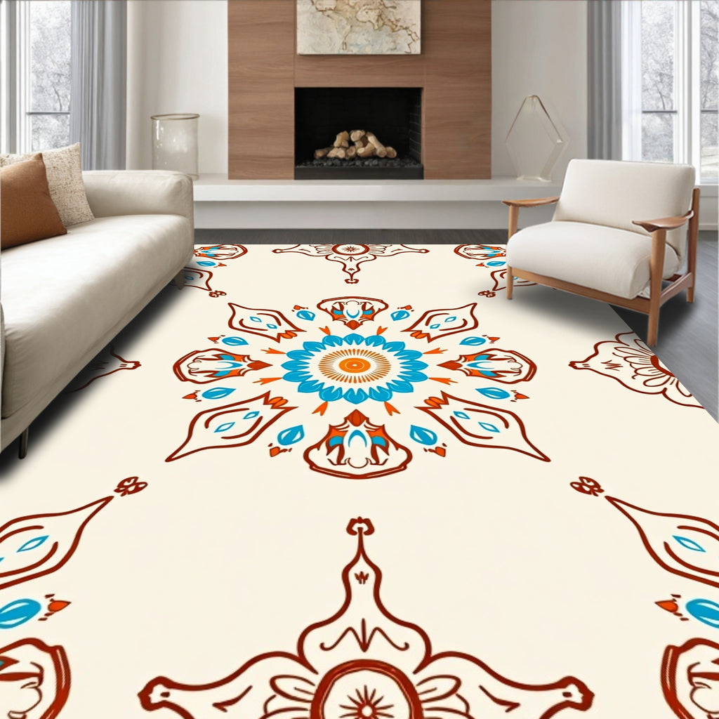 Elegant Teal Orange Mandala Design Rug