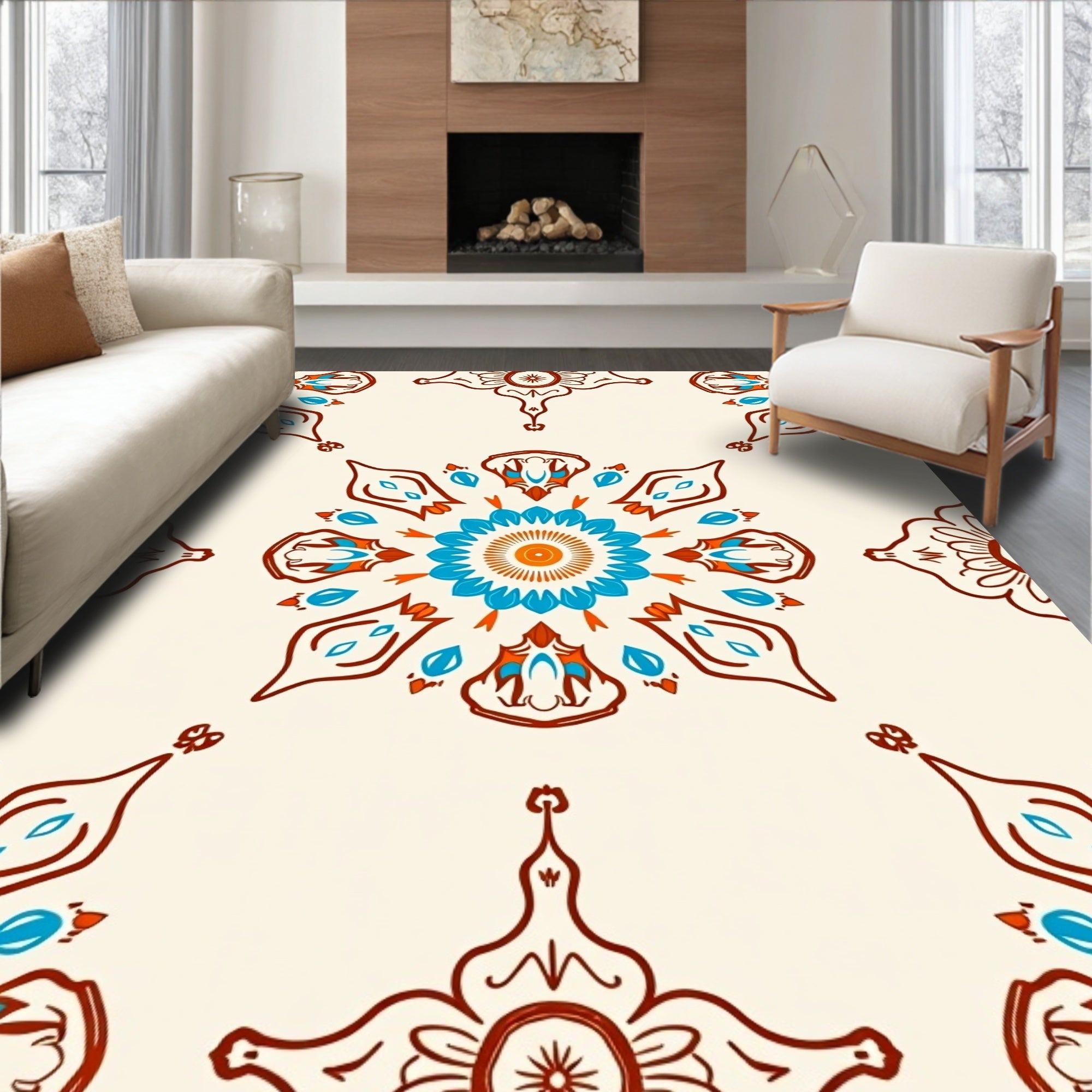 Elegant Teal Orange Mandala Design Rug