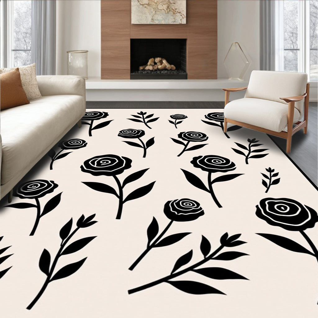 Stylized Black Rose Pattern Rug