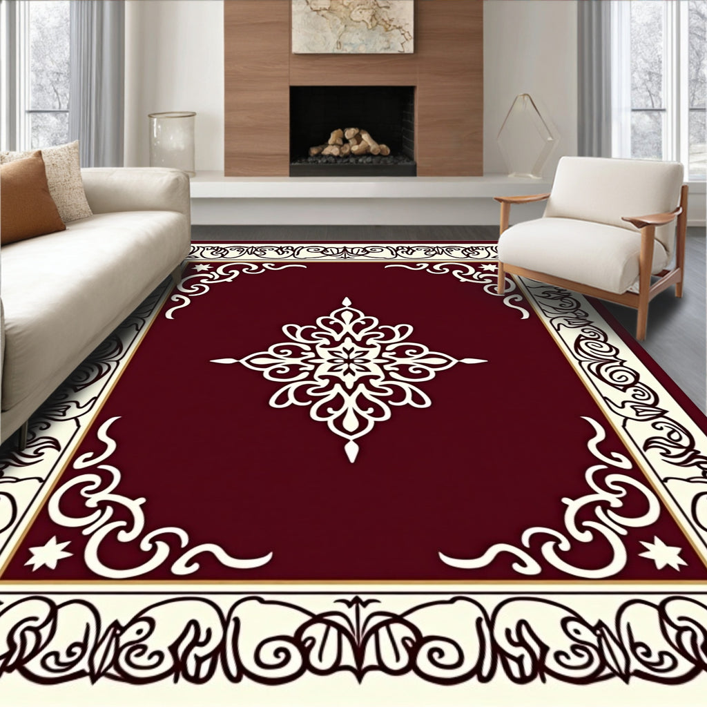 Elegant Cream Maroon Scrollwork Design Rug