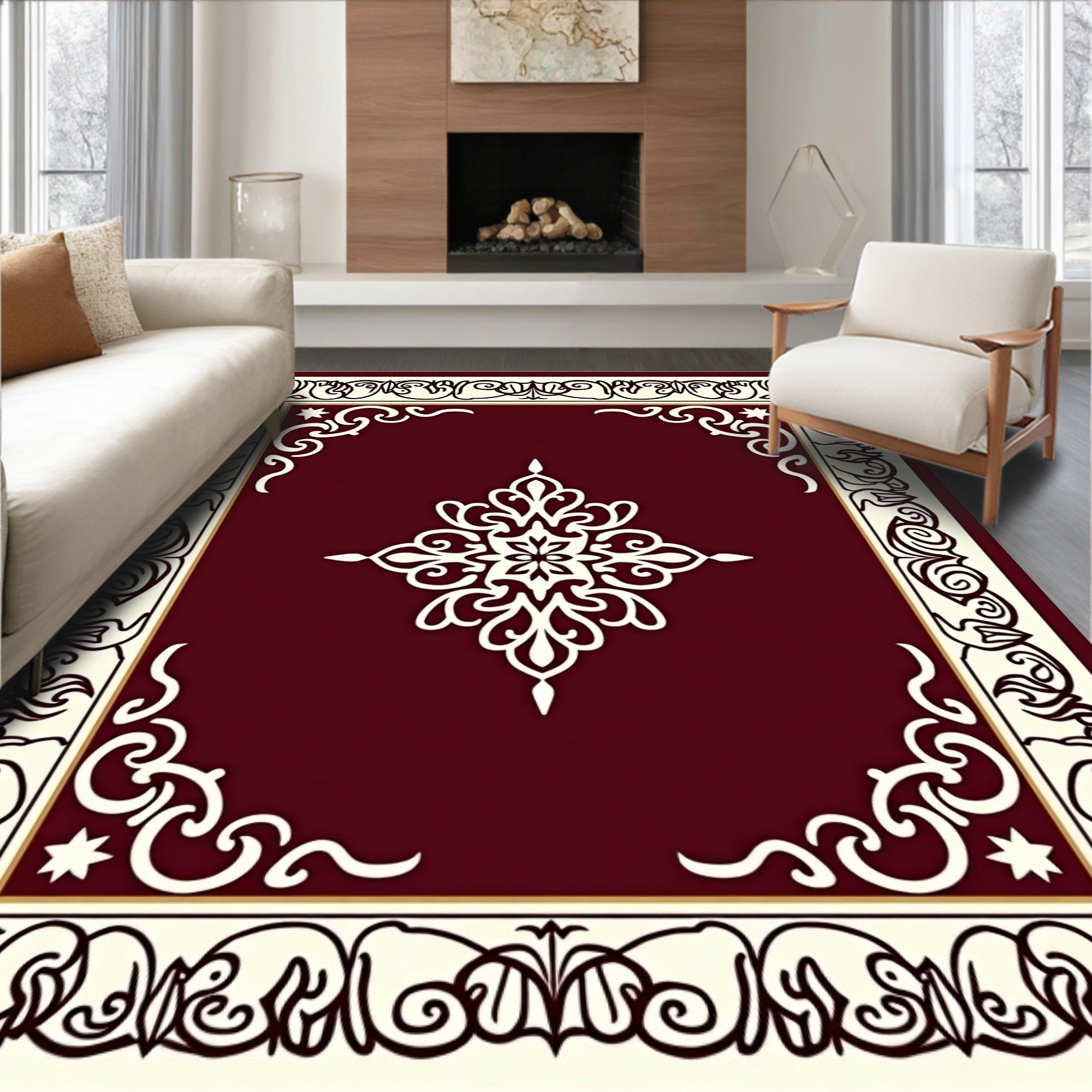 Elegant Cream Maroon Scrollwork Design Rug