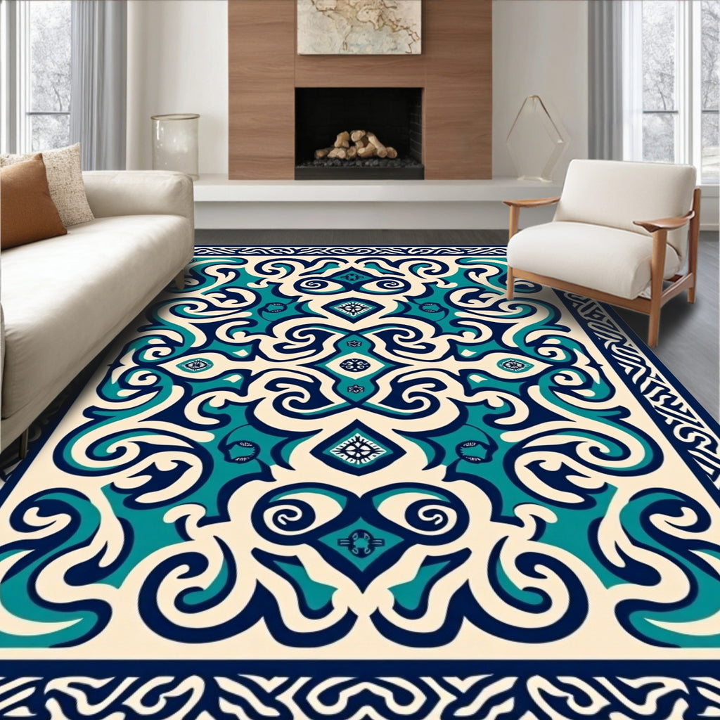 Elegant Teal Navy Scrollwork Pattern Rug