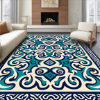 Elegant Teal Navy Scrollwork Pattern Rug