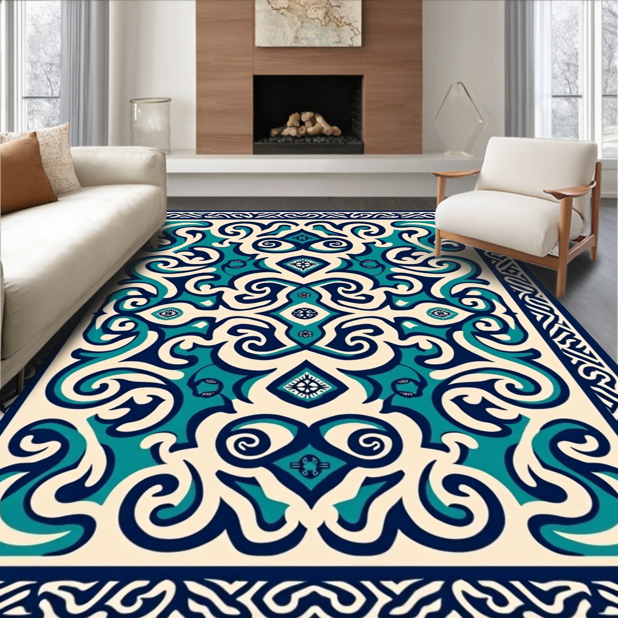 Elegant Teal Navy Scrollwork Pattern Rug