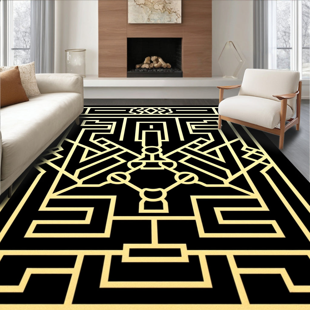 Golden Geometric Art Deco Stylized Maze Rug