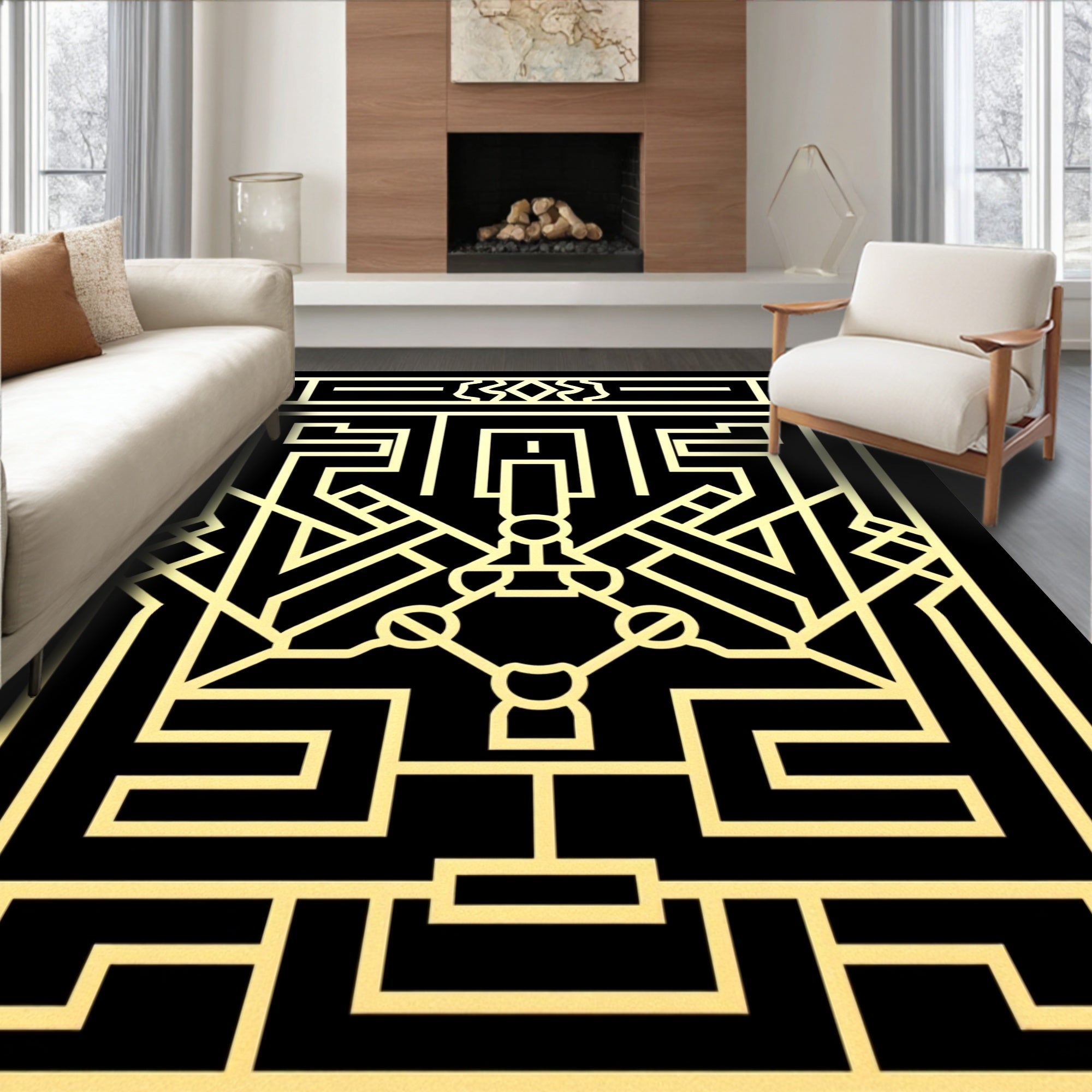 Golden Geometric Art Deco Stylized Maze Rug