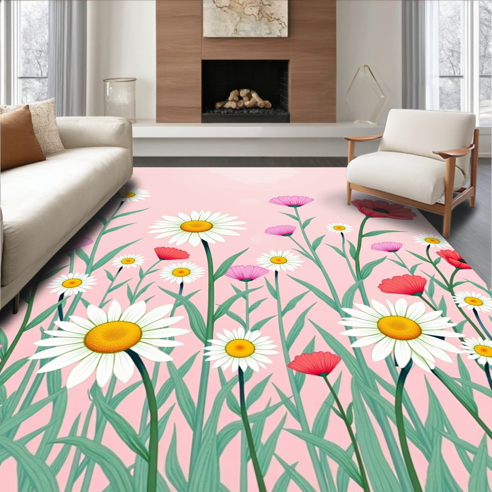 Whimsical Field Daisy Floral Pattern Rug