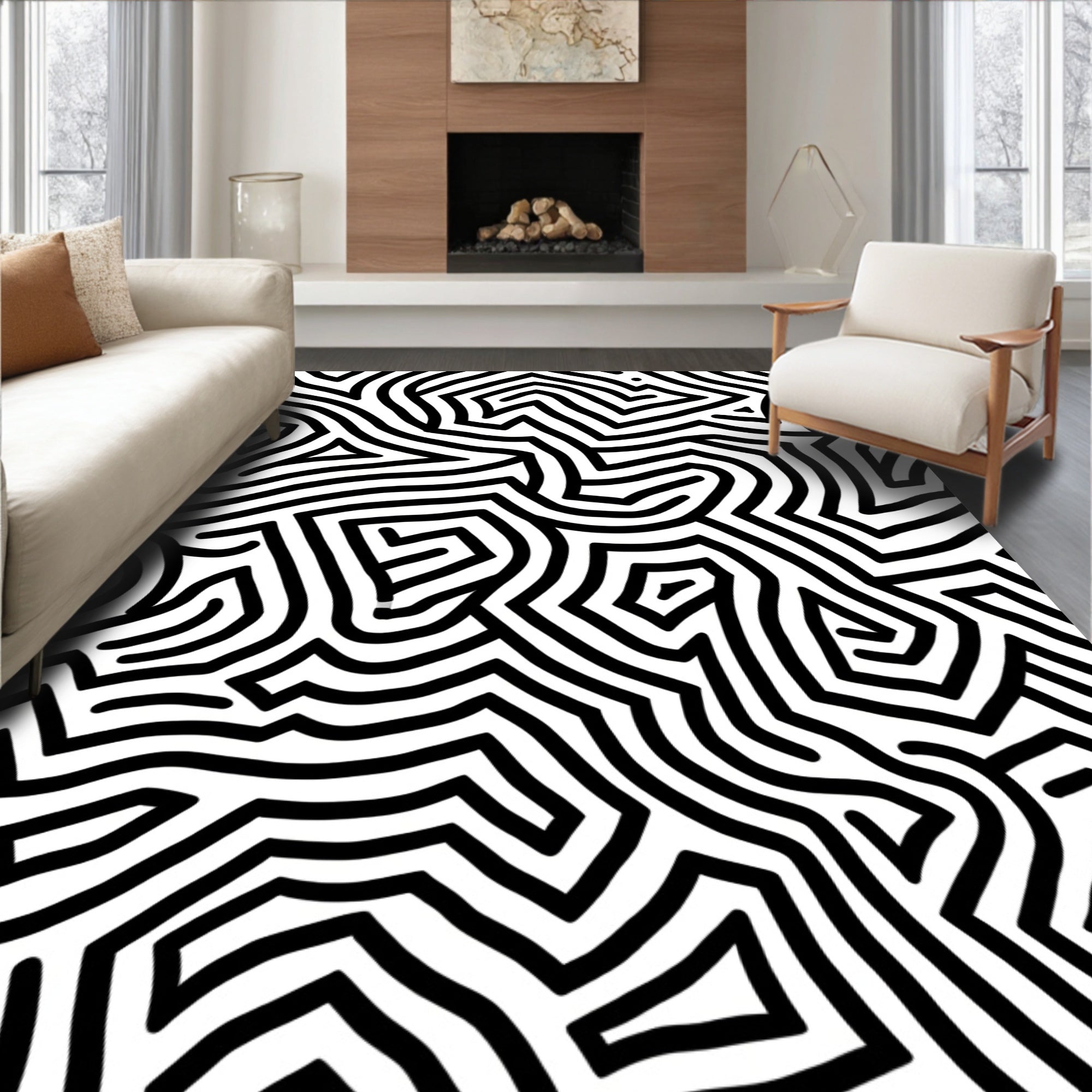 Abstract Black White Labyrinth Pattern Rug