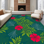 Vibrant Red Floral Green Leaf Pattern Rug