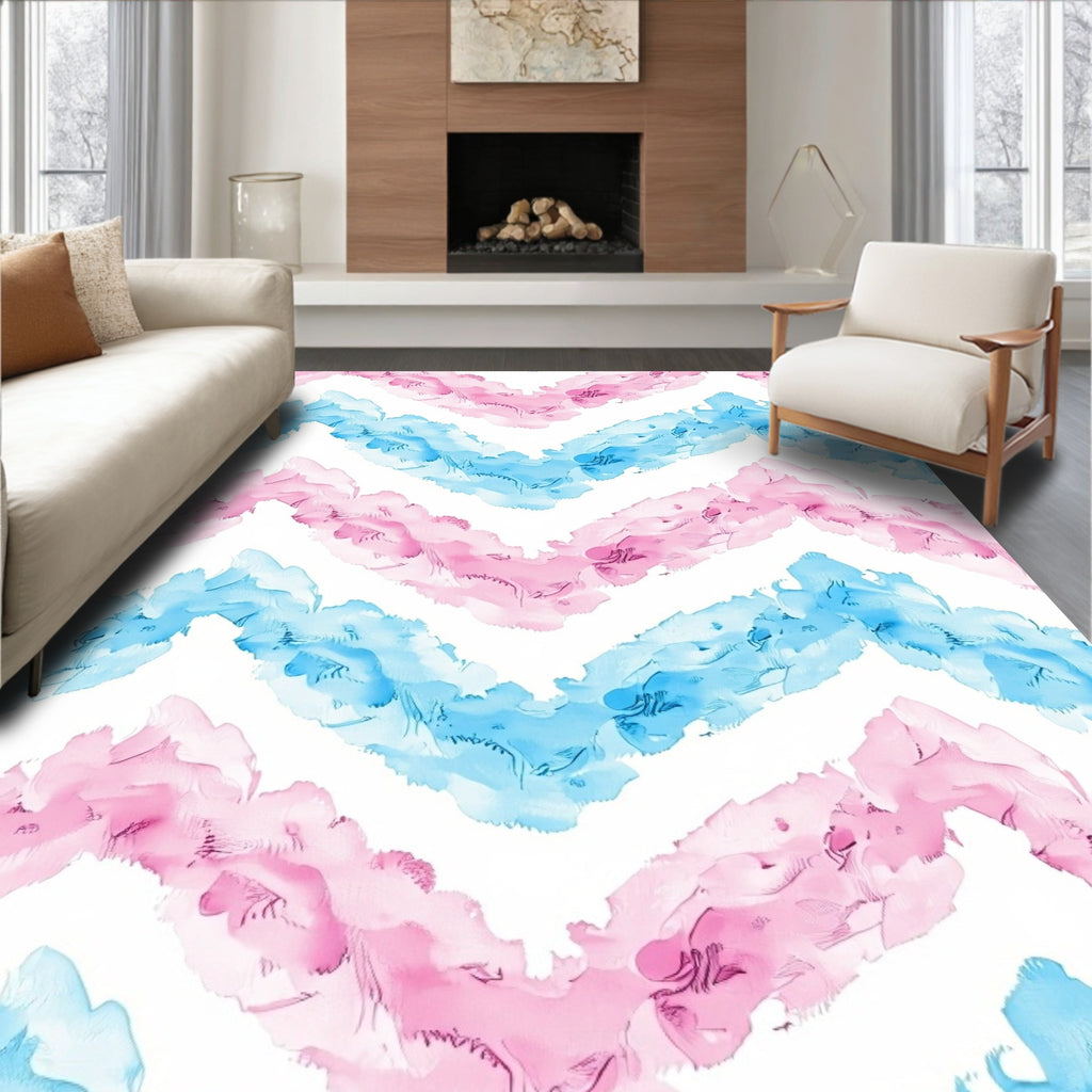 Soft Pink Blue Watercolor Chevron Pattern Rug