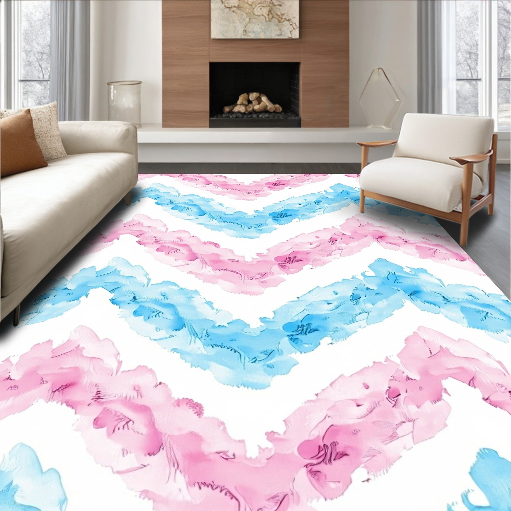 Soft Pink Blue Watercolor Chevron Pattern Rug