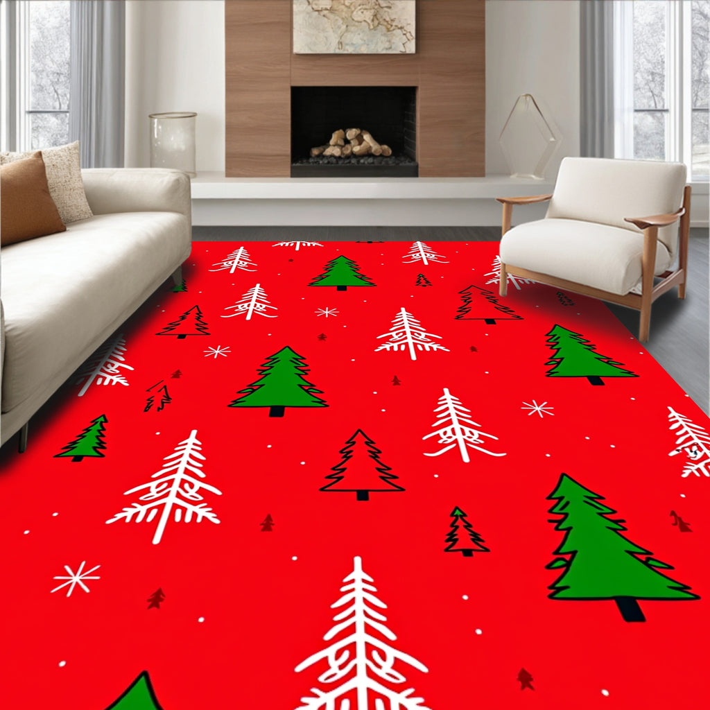 Red Festive Evergreen Trees Snowflakes Rug