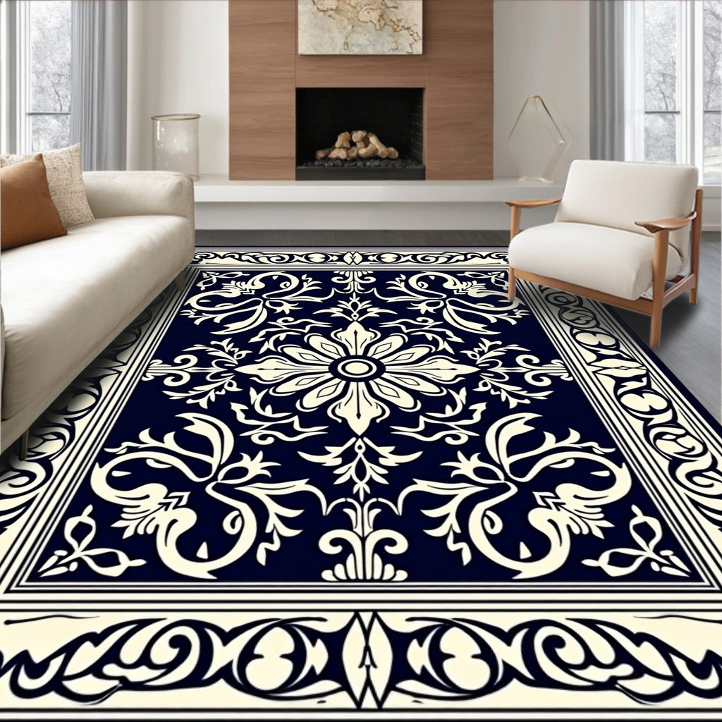 Classic Floral Scroll Navy Cream Rug