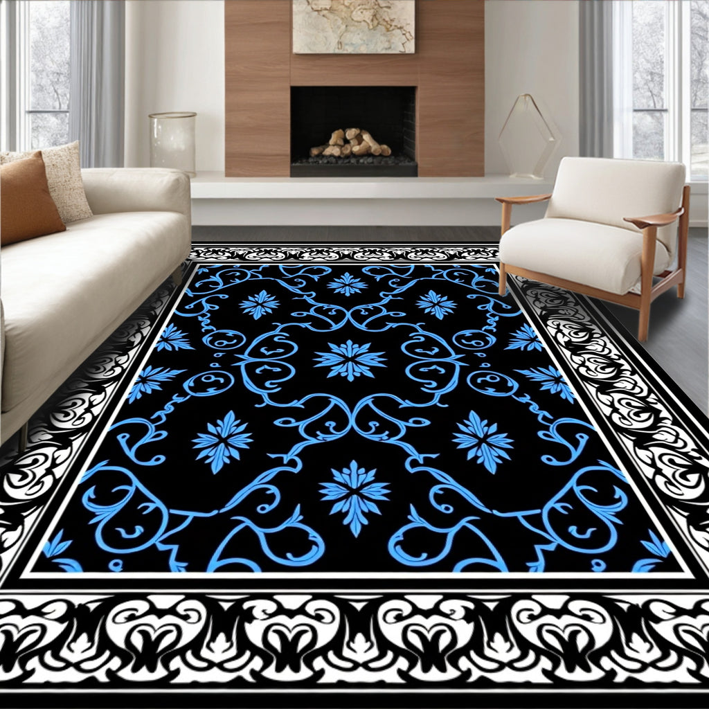 Black Blue Floral Scroll Pattern Rug