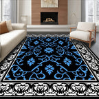 Black Blue Floral Scroll Pattern Rug
