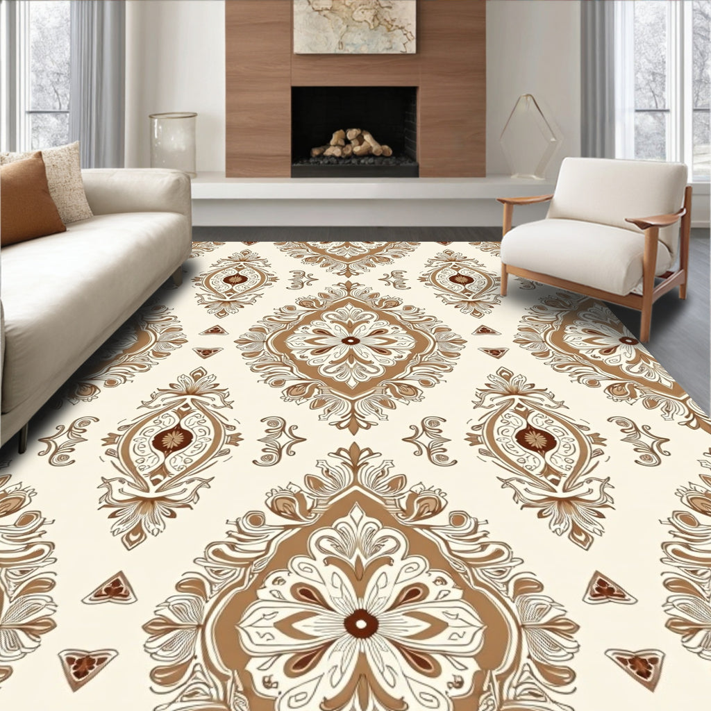 Brown Cream Baroque Damask Floral Rug