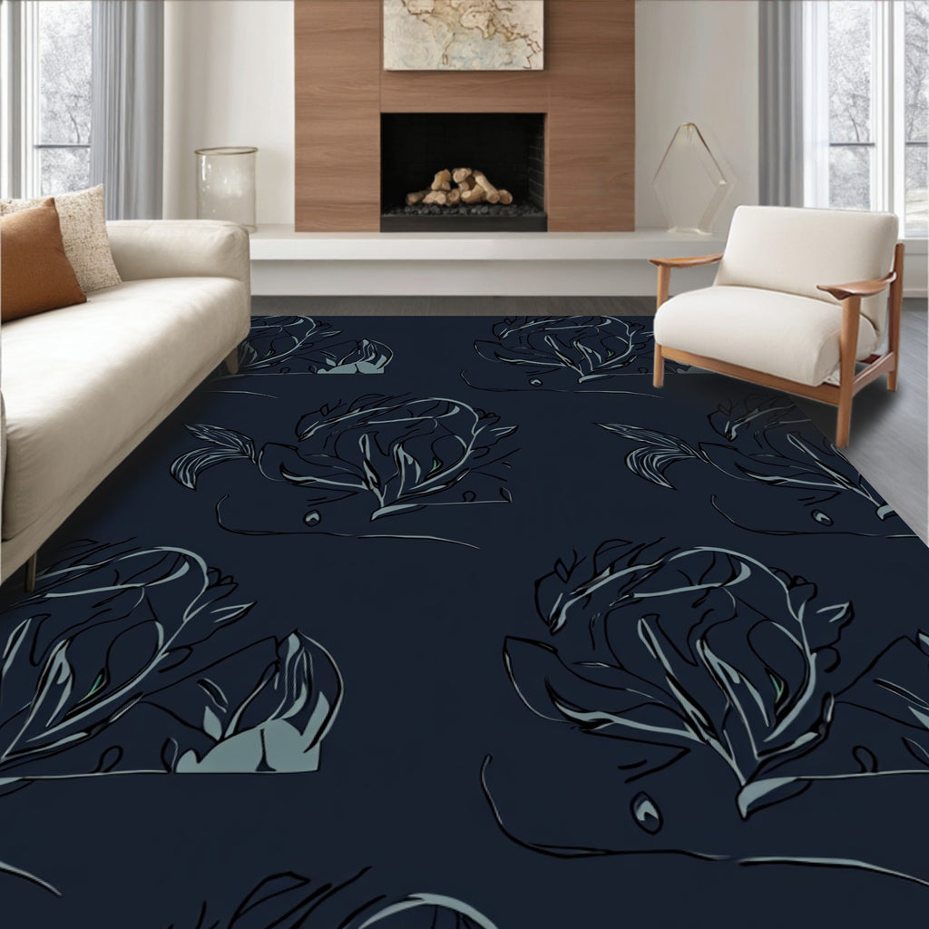 Dark Abstract Floral Sketch Design Rug