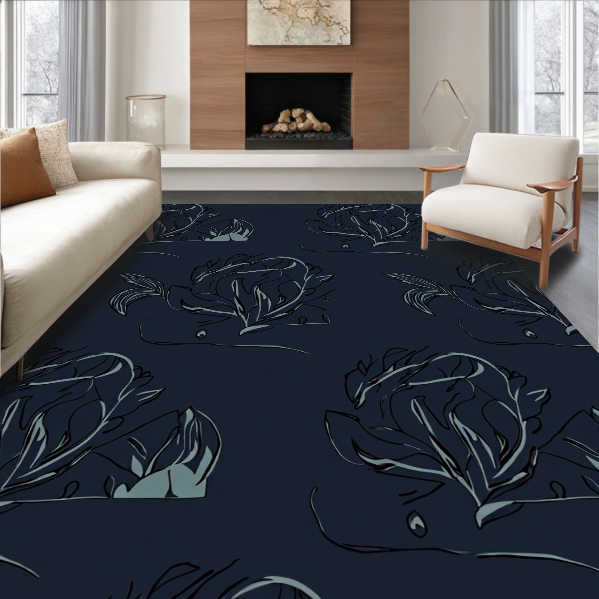 Dark Abstract Floral Sketch Design Rug