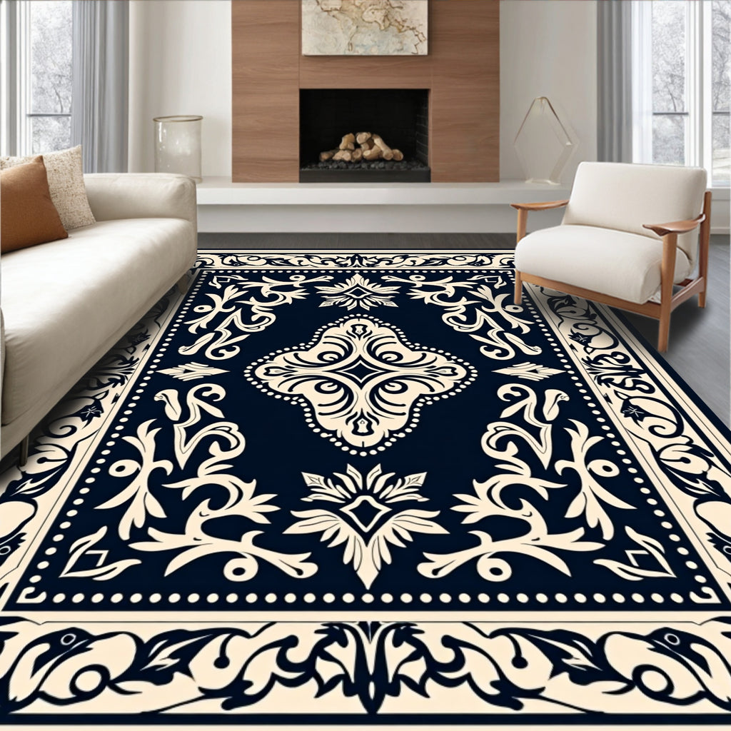 Classic Navy With Cream Floral Design Rug