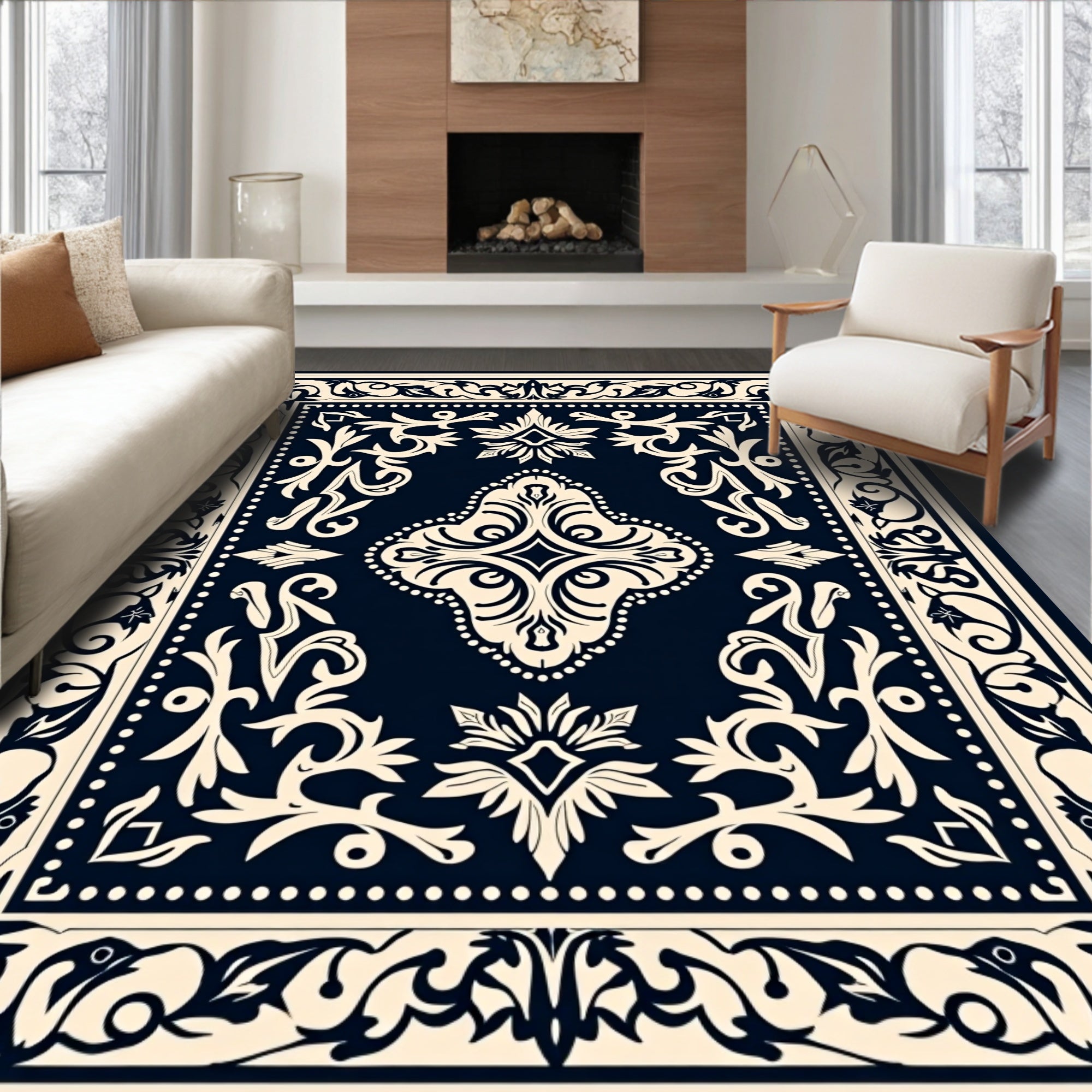 Classic Navy With Cream Floral Design Rug