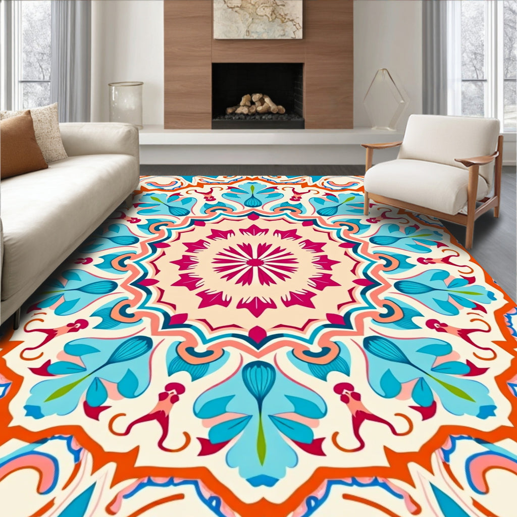 Vibrant Teal Floral Mandala Design Rug