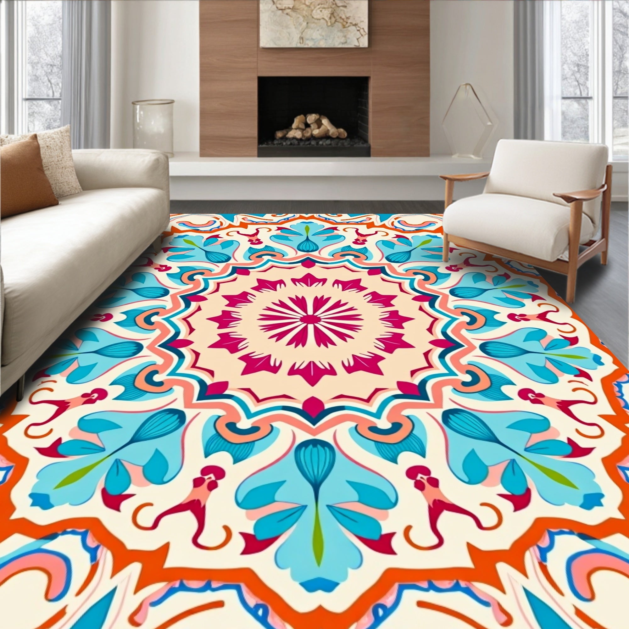 Vibrant Teal Floral Mandala Design Rug