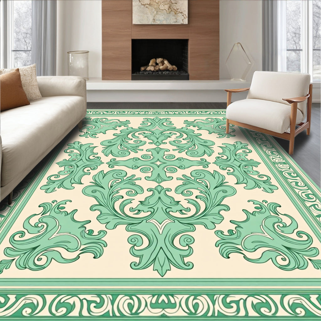 Ornate Floral Scrollwork Green Pattern Rug