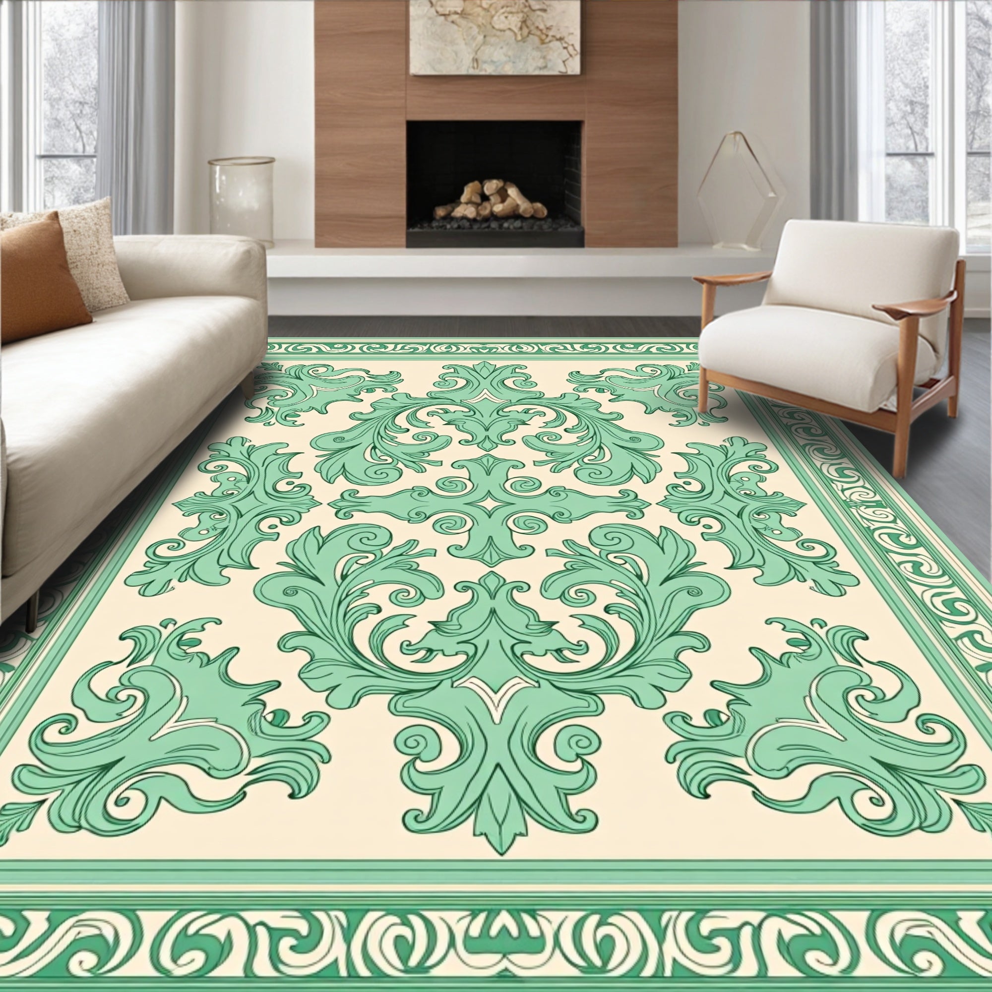 Ornate Floral Scrollwork Green Pattern Rug