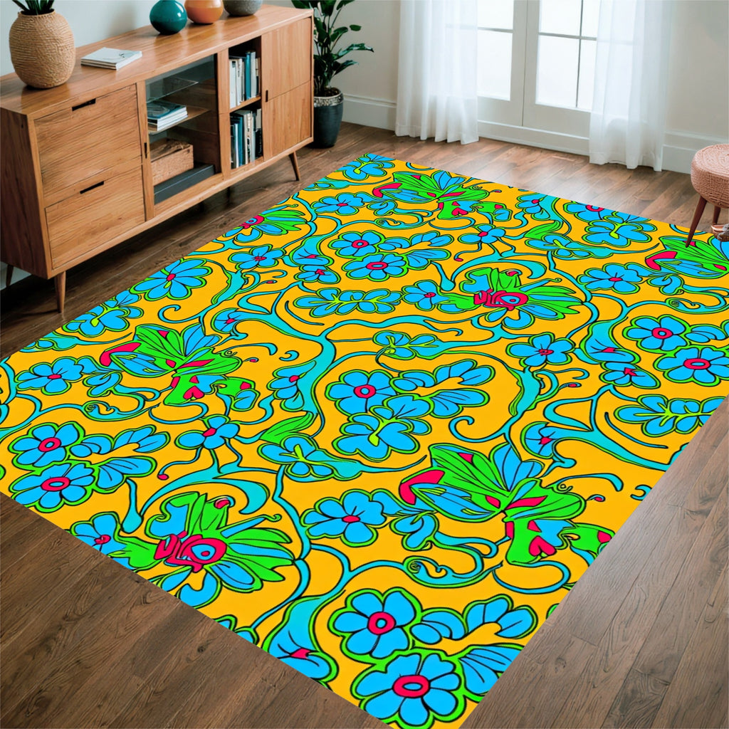 Groovy Blue Floral Swirl Design Rug