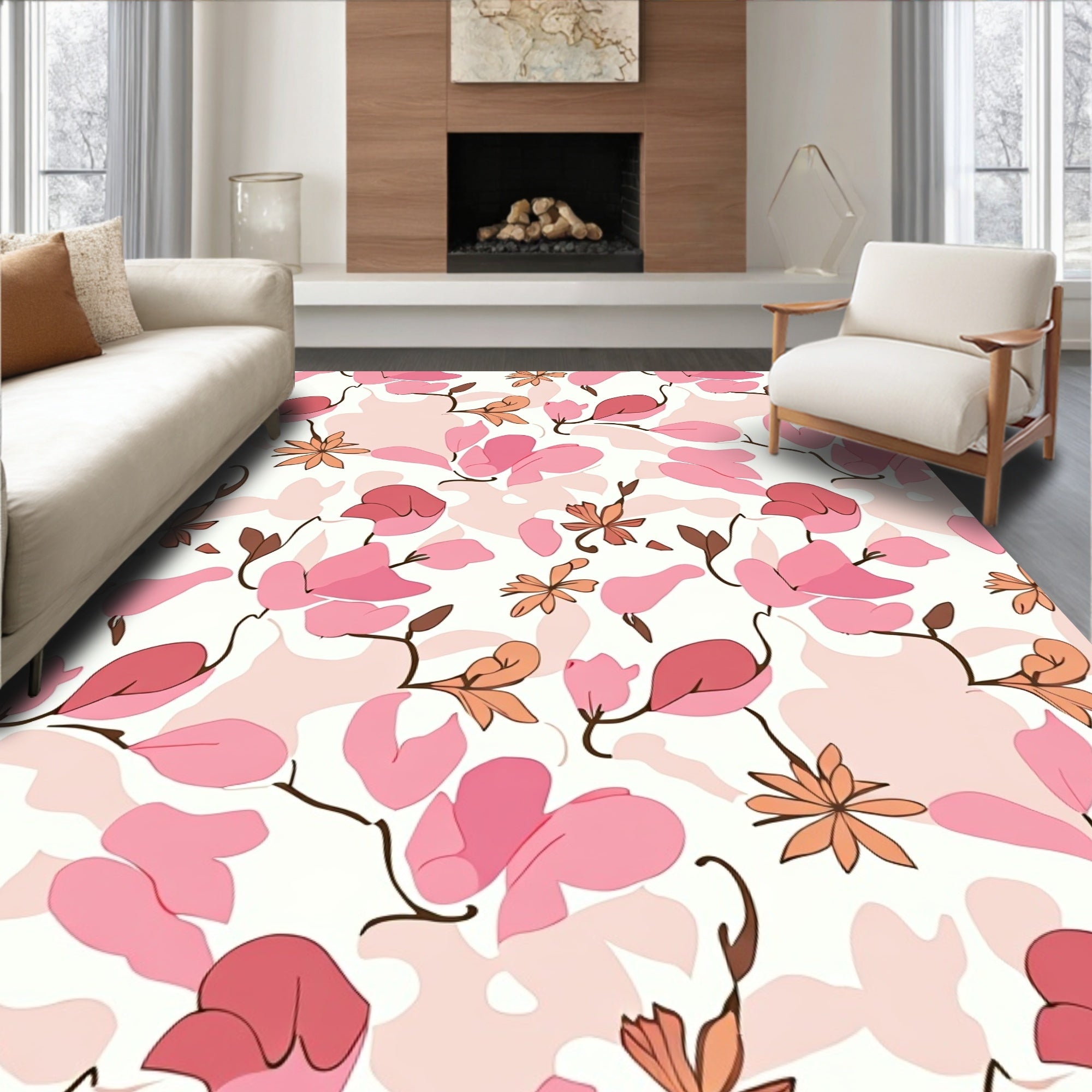 Pink Floral Branches Pattern Rug