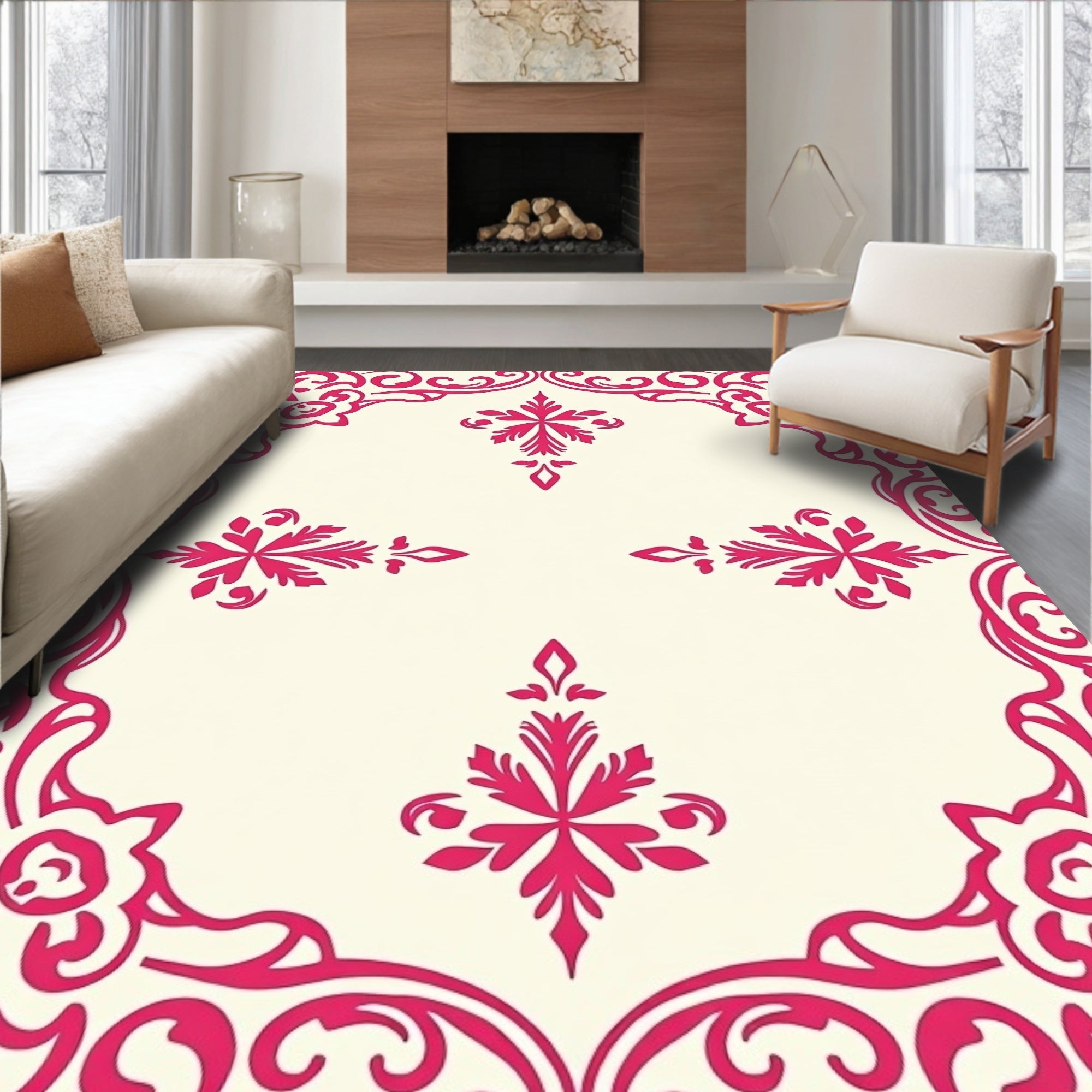 Ornate Pink Floral Scroll Pattern Rug