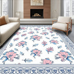 Pink Blue Floral Decorative Border Rug
