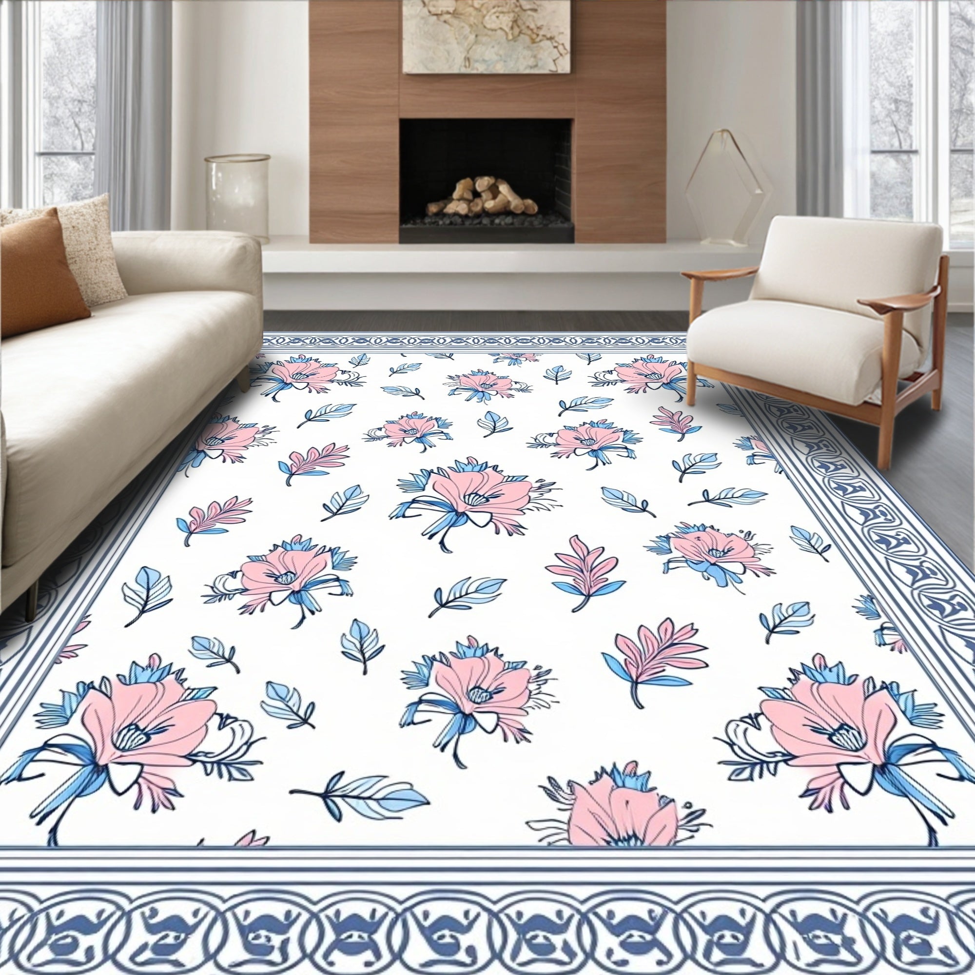 Pink Blue Floral Decorative Border Rug