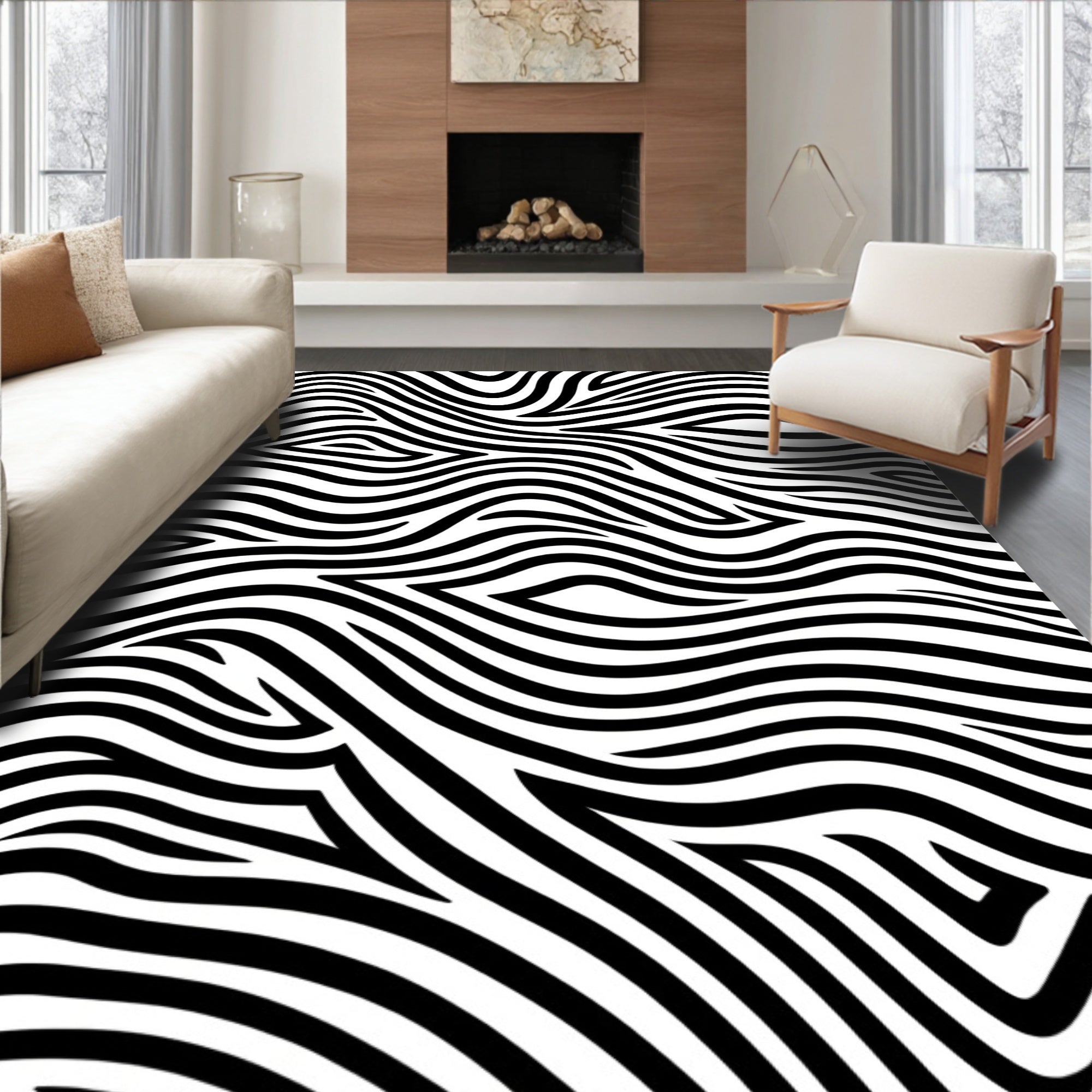 Abstract Black White Flowing Lines Rug